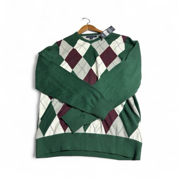 Tommy Hilfiger Argyle Cotton Cashmere V-Neck Pullover Sweater Green Size Medium - Picture 4 of 8